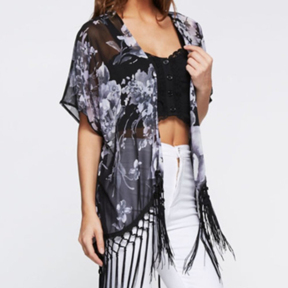 Black Grey Floral Kimono with Tassles